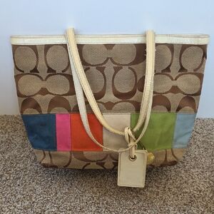 Coach Signature Brown Shoulder Bag with Multicolor Stripes - Vintage Y2K